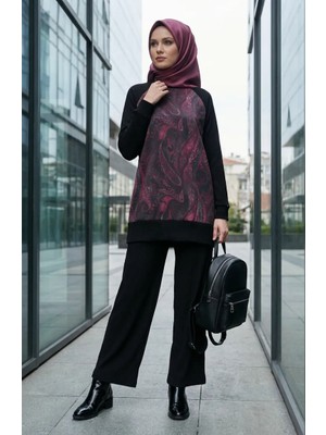 Şal Desenli Pileli Ikili Takım 2240-01 Siyah Gül Kurusu