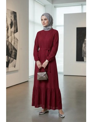 Büzgülü Dokulu Kuşaklı Elbise 2242-06 Bordo