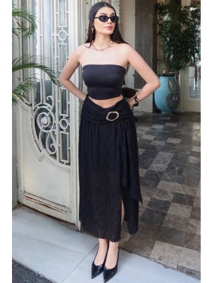 Kechi Woman Gold Aksesuarlı Dantel Uzun Etek