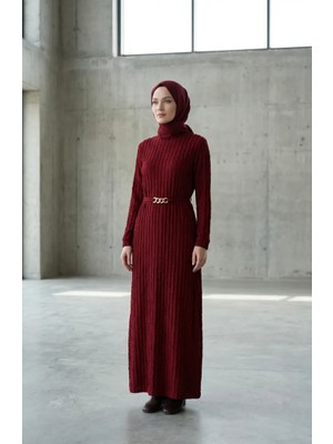 Bürümcük Kumaş Kuşaklı Elbise 2239-04 Bordo