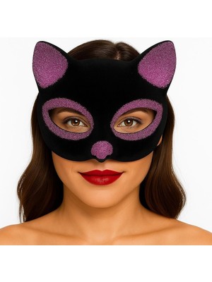 Balkan Grup Siyah Renk Pembe Simli Süet Kaplama Kedi Maskesi 18X14 cm