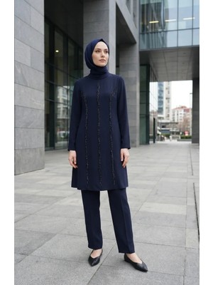 Sefa Merve Büyük Beden Boncuk Işlemeli Ikili Takım 6290-02 Lacivert