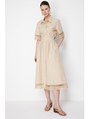 On Kadın Dantel Detaylı Süs Düğmeli Maxi Etek 74337 Bej