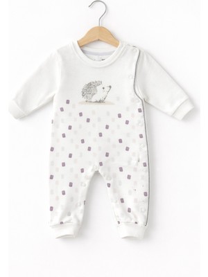 Aziz Bebe Ekru Kirpi Baskılı Çıtçıtlı Bebek Tulum – Uzun Kollu, %100 Pamuk