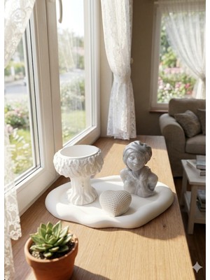 Doğal El Yapımı Dekoratif Tasarım Seti - Ağaç Figürlü Saksı, Kadın Büstü ve Kalp Obje