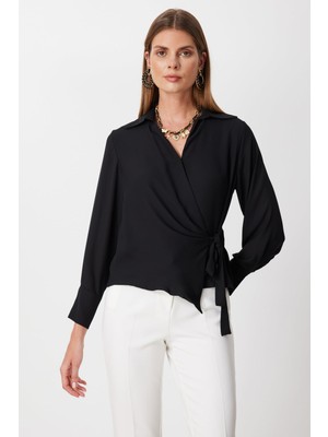 On Kadın Yandan Bağlamalı Kruvaze Bluz 72306 Siyah