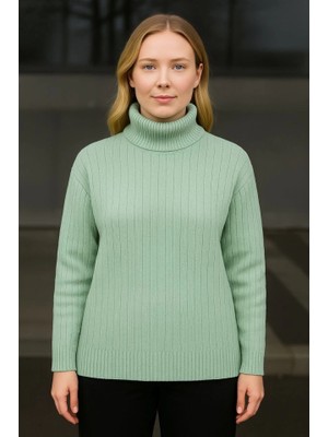 Gacha Balıkcı Yaka Bağazlı Triko Kazak Pamuklu Kalın Fitilli Dokuma - Mint Yeşili