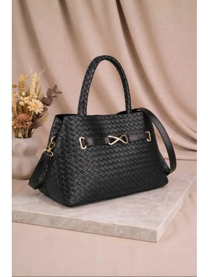 Kadın Örgü Desen Kemer Datay El ve Kol Çantası Siyah