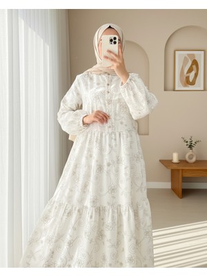 Modamorfo Kolu Lastikli Yarım Düğmeli Jakar Baskılı Parçalı Elbise -Beyaz