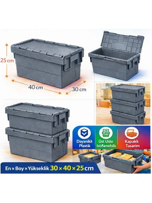 Aslan Plastik Palet 9lu 30*40*25 cm  Gri Menteşe Kapaklı Plastik Kasa