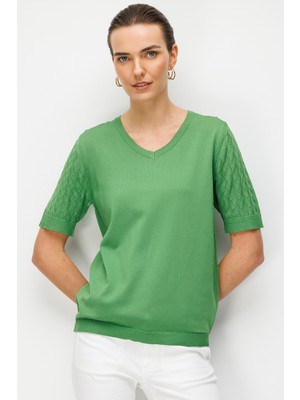 Desen Triko Kadın V Yaka Ajurlu Kısa Kollu Ince Triko Bluz Yosun