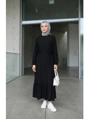 Büzgülü Dokulu Kuşaklı Elbise 2242-04 Siyah