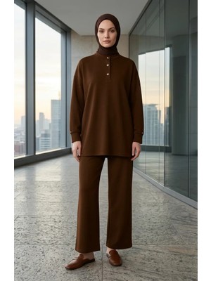 Düğme Detaylı Tunik Pantolon Ikili Takım 2247-03 Kahverengi