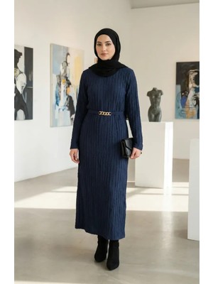 Bürümcük Kumaş Kuşaklı Elbise 2239-05 Lacivert