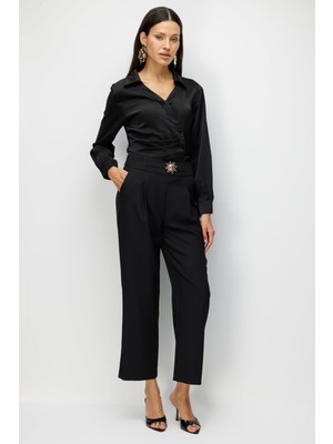 Ekol Kadın Güneş Aksesuarlı Pileli Pantolon 4130 Siyah