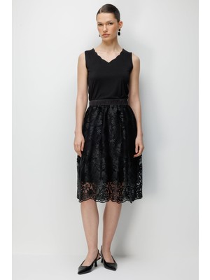 Ekol Kadın Nakış Desenli Yan Cepli Midi Etek 3944 Siyah