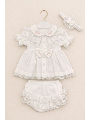 Kardeşler Bebe Dantel Detaylı Fiyonklu Kız Bebek Takım 3 Parça Yazlık Pamuklu Elbise Şort & Bandana