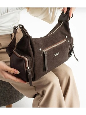 Kadın Kalite Süet Iki Yan Cepli 8 Bölmeli Omuz ve Kol Çantası