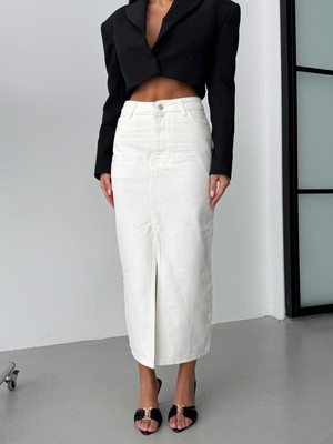 Herton Yüksek Bel Yırtmaçlı Denim Etek