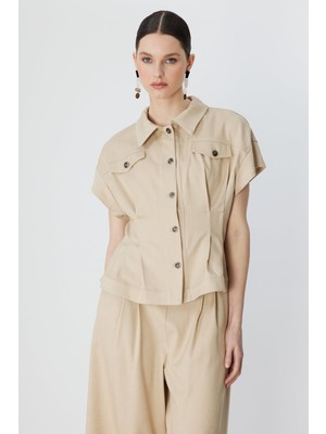 On Kadın Beli Pile Detaylı Kısa Kollu Mont 70700 Bej