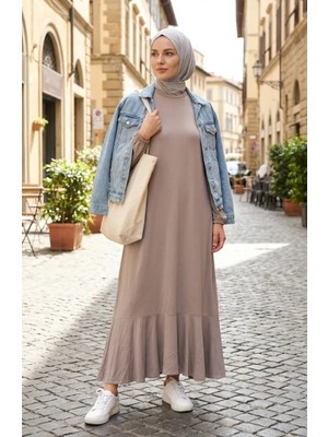 Sefa Merve Etek Ucu Volanlı Fırfırlı Elbise 2244-01 Bej