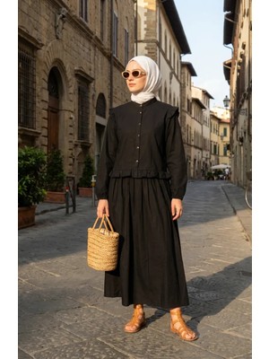 Fırfır Detaylı Önü Düğmeli Ikili Takım 0248-02 Siyah