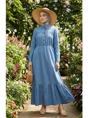 Yarım Düğmeli Cepli Kot Elbise 300126-01 Mavi