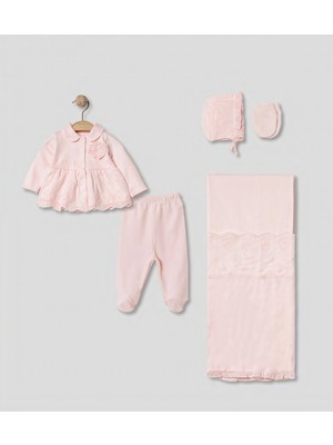 Pugi Baby Hastane Çıkış Seti Battaniye,şapka,eldiven Dahil Pamuklu Bebek Seti Nakışlı 4'lü Yenidoğan