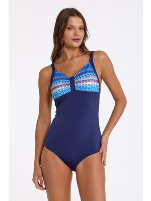 Argento Kadın Laci Ebruli Desenli Ince Askılı Kaplı Toparlayıcı V Yaka Mayo