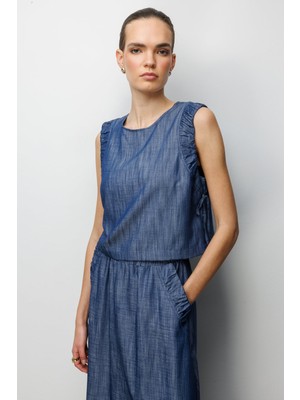 On Kadın Yanları Bağcıklı Crop Bluz 74320 Indigo