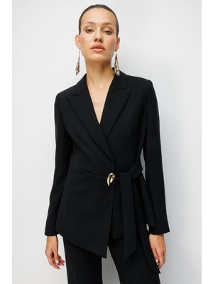 Ekol Kadın Beli Kuşaklı Metal Aksesuarlı Ceket 1142 Siyah