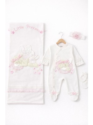 Kardeşler Bebe Kız Bebek Little Princess Nakışlı 4'lü Battaniye Tulum Seti – Ekru