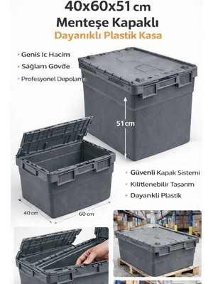 Aslan Plastik Palet 6lı 40*60*51 cm  Gri Menteşe Kapaklı Plastik Kasa