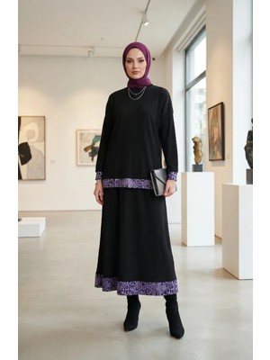 Leopar Desenli Pileli Ikili Takım 2241-01 Siyah Lila