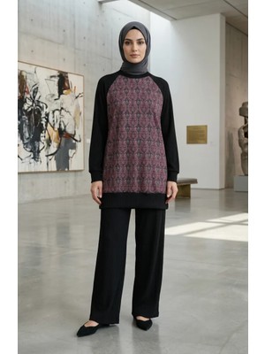 Desenli Tunik Pantolon Ikili Takım 2245-04 Mürdüm Antrasit