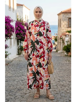 Kolu Lastikli Düğmeli Desenli Elbise 0252-04 Bordo Somon