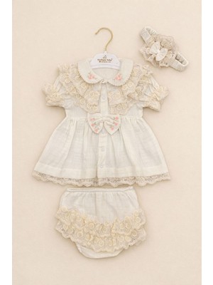 Kardeşler Bebe Dantel Detaylı Fiyonklu Kız Bebek Takım 3 Parça Yazlık Pamuklu Elbise Şort & Bandana