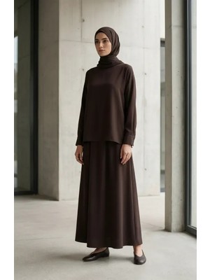 Kolu Düğmeli Tunik Etek Ikili Takım 0246-03 Kahverengi