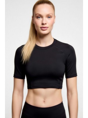 Flex Premium Siyah Kısa Kol Compression Kadın Crop T-Shirt Spor Büstiyer Bluz Yoga Pilates Fitness Koşu