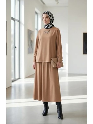Kolu Düğmeli Tunik Etek Ikili Takım 0246-04 Bej