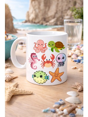 Balkan Grup Sevimli Deniz Canlıları Desenli Porselen Kupa Model 118 – Ahtapot, Kaplumbağa, Yengeç ve