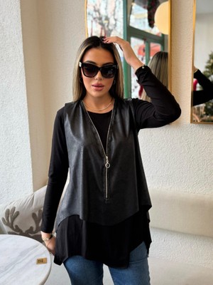 Janes Kadın Uzun Kollu Asimetrik Kesim Viskon Bluz ve Çatlak Deri Görünümlü Yelek Ikili Takım