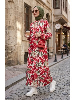Sefa Merve Kolu Lastikli Desenli Elbise 0249-02 Bordo Haki