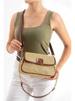 Kadın Hasır Zincir Askı Çarpraz Kol Omuz Çantası Taba