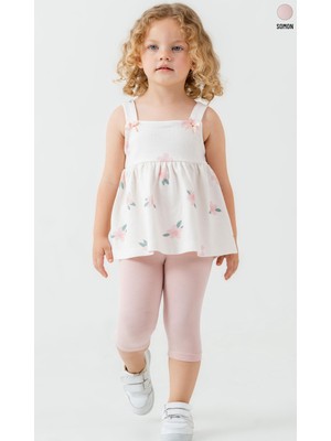 Smile Kids Çiçek Desenli Askılı Kız Çocuk Takımı (Bluz & Kapri Tayt)