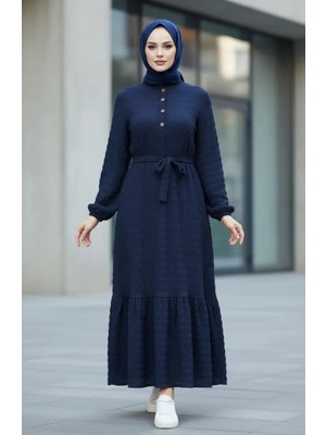 Gofre Kumaş Kolu Lastikli Elbise 2243-06 Lacivert