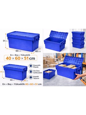 Aslan Plastik Palet 10LU 40*60*51 cm  Mavi Menteşe Kapaklı Plastik Kasa
