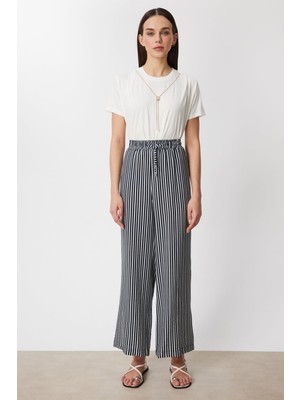 On Kadın Çizgili Bol Paça Keten Pantolon 74903 Siyah