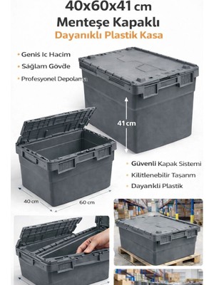 Aslan Plastik Palet 3lü 40*60*41 cm  Gri Menteşe Kapaklı Plastik Kasa