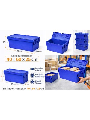 Aslan Plastik Palet 9lu 40*60*25 cm  Mavi Menteşe Kapaklı Plastik Kasa